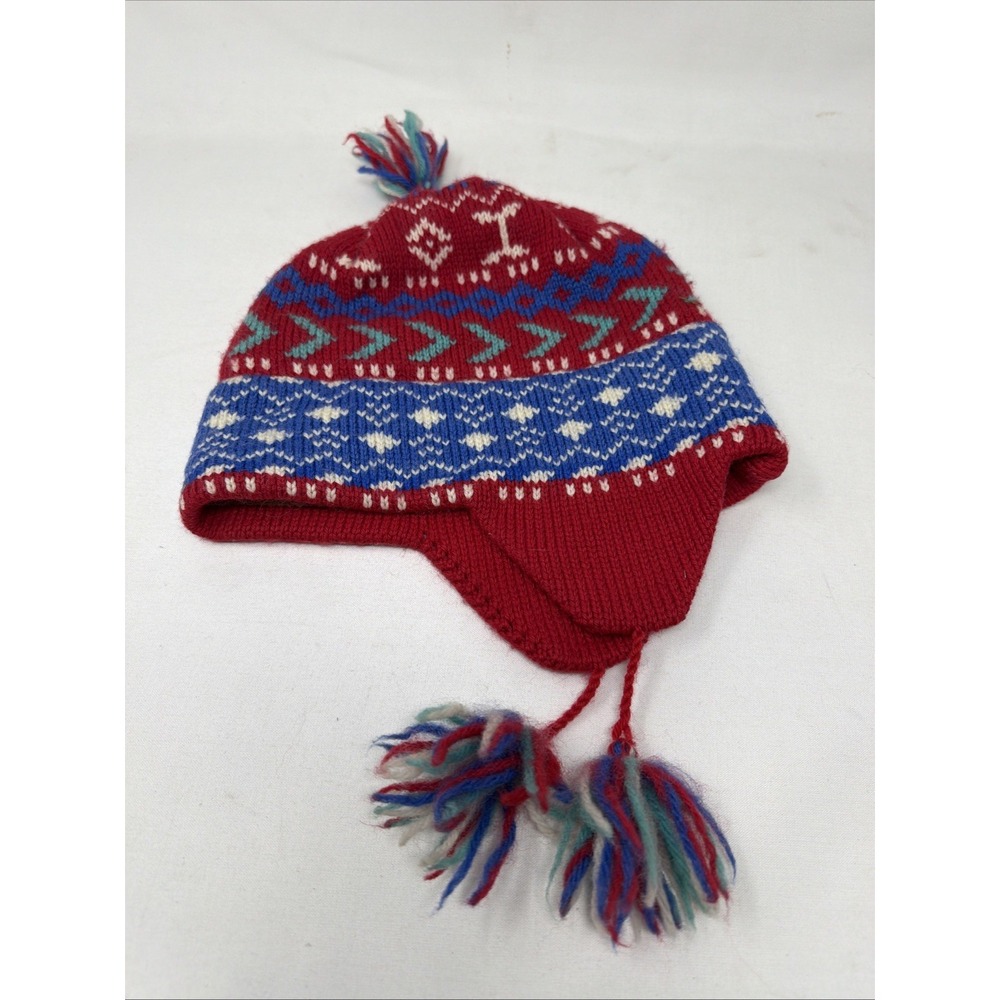 MERKLEY Headgear Knit Beanie Hat Blue Red Fair Isle Tassel Very Good Pre Owned